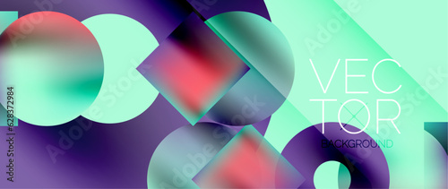 Squares and circles design. Fluid color gradients with metallic effects. Serene synergy of shapes, merging squares and circles into harmonious, captivating design