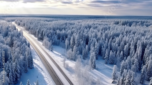 Aerial view of winter road in the forest. Beautiful winter landscape.