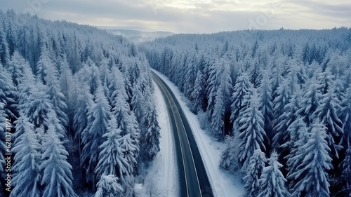 Aerial view of a snowy mountain road and forest