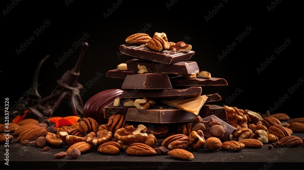 a pile of nuts and chocolate on a table with a black background.  generative ai