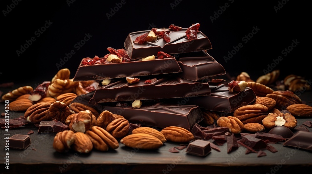 a pile of chocolate with nuts and almonds on a table. generative ai a pile of chocolate with nuts and almonds on a table. generative ai