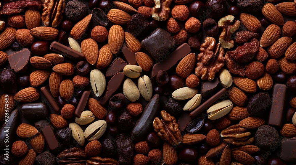 a mixture of nuts, chocolate, and nuts on a table. generative ai a mixture of nuts, chocolate, and nuts on a table. generative ai