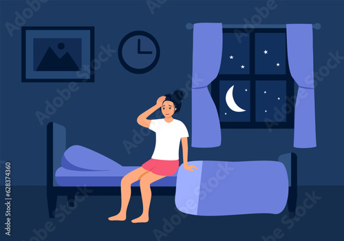 Sleepless woman suffering from insomnia. Lady sitting on bed in darkness vector illustration.