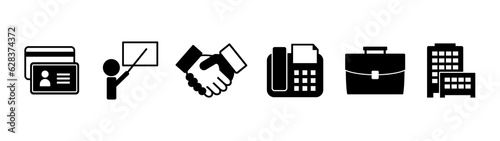 Six business icon set. ID Card, Presentation, Handshake, Facsimile, Briefcase, Buildings icons.