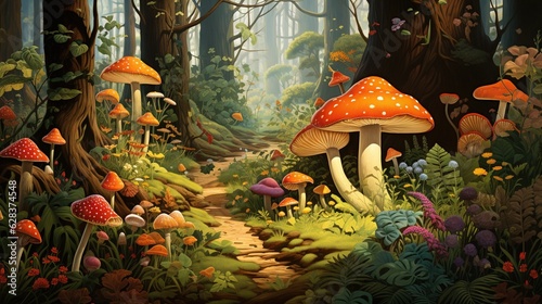  a painting of a forest with a path leading to mushrooms. generative ai