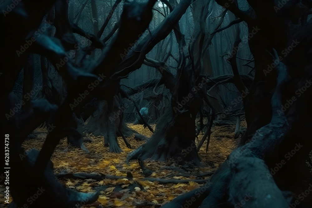 A captivating shot of a dark forest with twisted branches and vibrant autumn leaves, spectral figures emerging from the shadows. Generative AI
