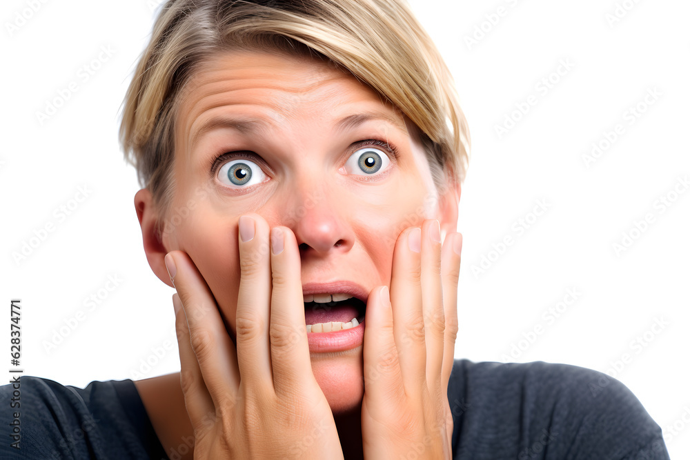 A Caucasian woman expressing disbelief, her hand covering her mouth in shock, isolated on perfect white background. Generative AI A Caucasian woman expressing disbelief, her hand covering her mouth in shock, isolated on perfect white background. Generative AI