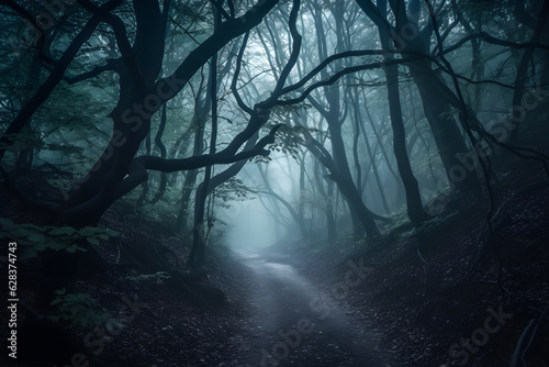 A captivating shot of a misty forest path, illuminated by the ethereal glow of ghostly apparitions, leading to an unknown and mysterious destination. Generative AI.
