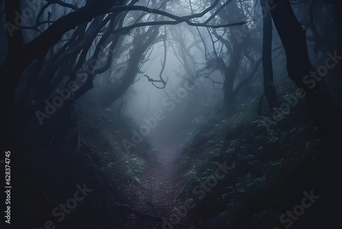 A captivating shot of a misty forest path  illuminated by the ethereal glow of ghostly apparitions  leading to an unknown and mysterious destination. Generative AI.