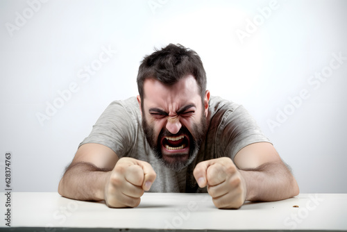 A Caucasian man pounding his fists on the table, his face filled with frustration and anger, isolated on perfect white background. Generative AI