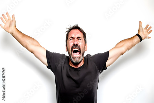 A Caucasian man throwing his hands up in frustration, his face contorted with disappointment and anger, isolated on perfect white background. Generative AI