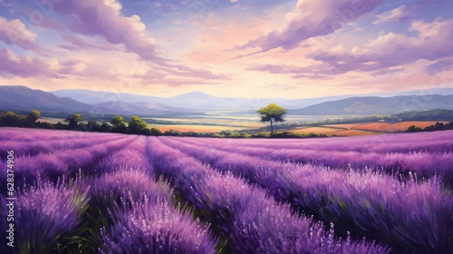  a painting of a lavender field with a lone tree in the distance. generative ai