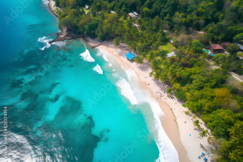 Aerial view of a tropical paradise, with white sandy beaches, lush palm trees, and crystal-clear turquoise waters, inspiring dreams of idyllic summer vacations. Generative AI