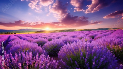  a field of lavender flowers with the sun setting in the background. generative ai