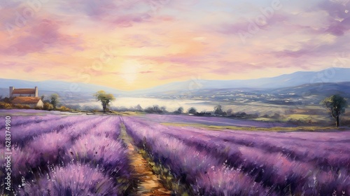  a painting of a lavender field with a house in the distance. generative ai