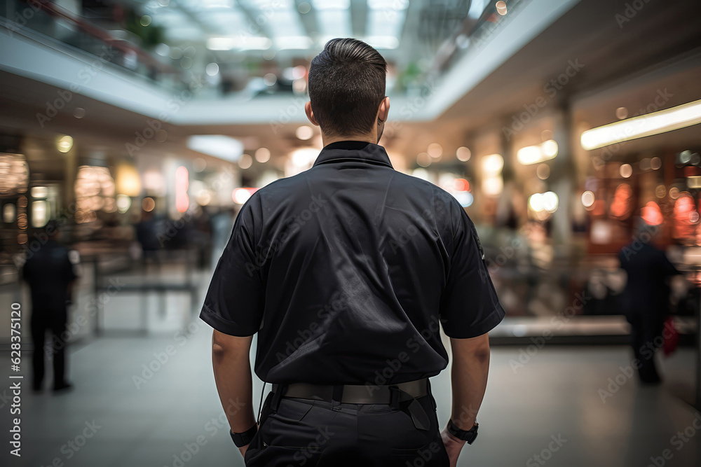 Security Guard In Black Stands With His Back To An Outoffocus Mall