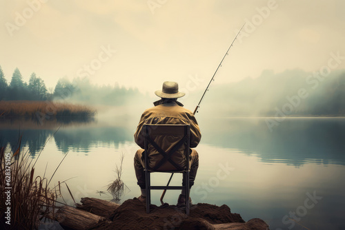 Fisherman Sitting On Folding Chair With Fishing Rod Back View Of Lake photo