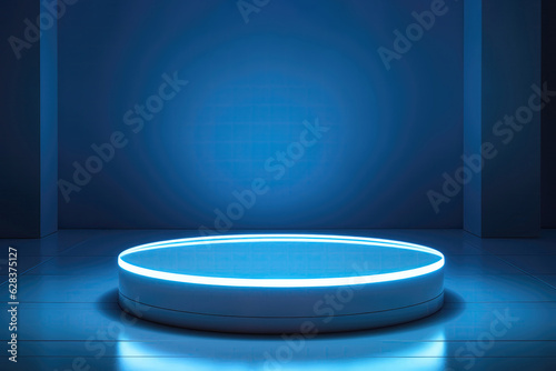 Glowing Luminous Circle On Blue Minimal Pedestal. Mockup For Prodcut
