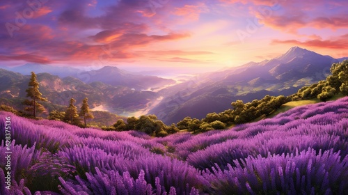  a painting of a mountain landscape with lavender flowers in the foreground. generative ai