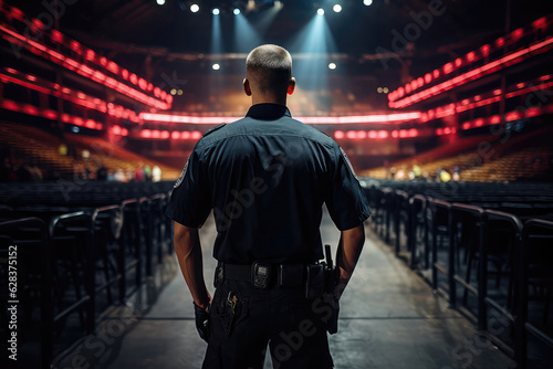 Fotografiet Security Guard In Black Stands With His Back To Concert Venues