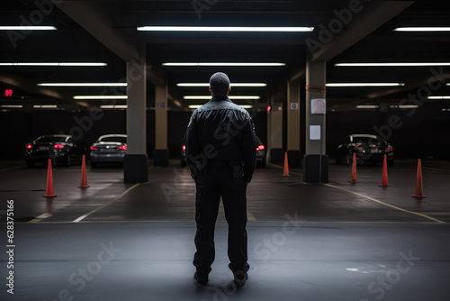 Fototapeta Security Guard In Black Stands With His Back To Parking Garages