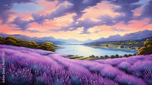  a painting of a lavender field with mountains in the background. generative ai