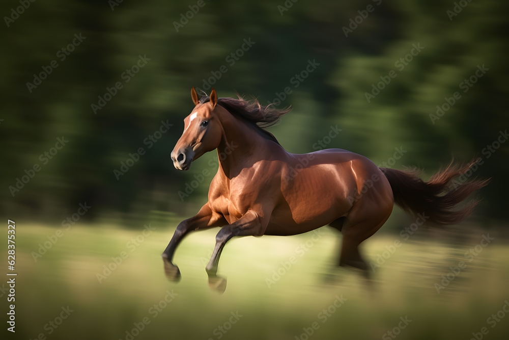 Fototapeta premium Panning shot of a horse galloping in a field, capturing the majestic motion. Dynamic and energetic image that showcases the power and grace of the animal. Generative AI