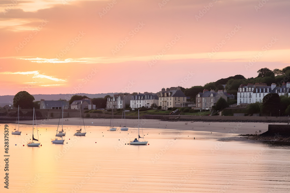 Serene sunset over a tranquil seaside town, with sailboats gently gliding on calm waters, evoking a sense of relaxation and coastal charm during the summer months. Generative AI