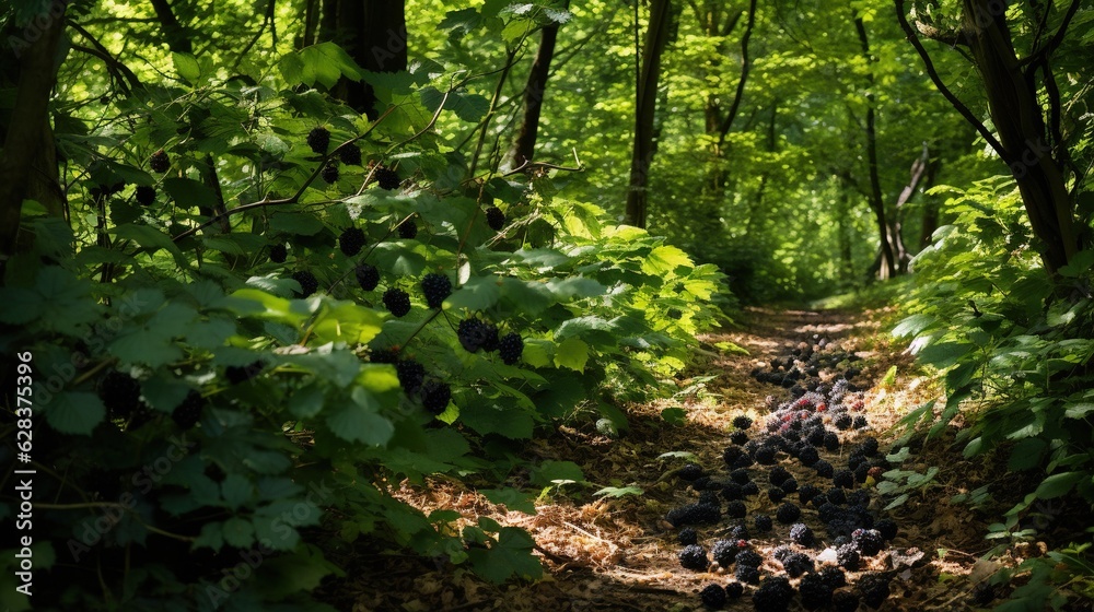  a path in the woods with lots of black berries on it.  generative ai