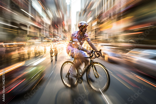 Multiple exposure photograph of a cyclist riding through a city street, blending multiple frames to convey a sense of movement and energy. Generative AI