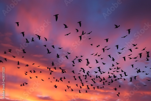 Flock of birds in flight against a colorful sunset sky. Generative AI © Mihai Zaharia