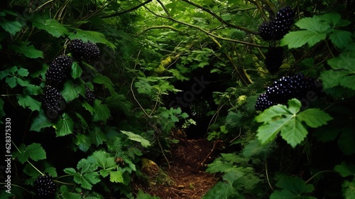  a path through a forest with lots of green leaves and berries.  generative ai