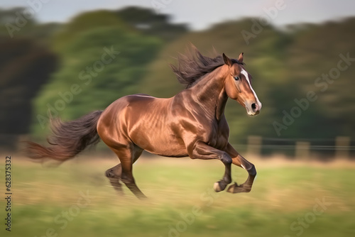 Panning shot of a horse galloping in a field  capturing the majestic motion. Dynamic and energetic image that showcases the power and grace of the animal. Generative AI