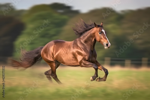 Panning shot of a horse galloping in a field, capturing the majestic motion. Dynamic and energetic image that showcases the power and grace of the animal. Generative AI