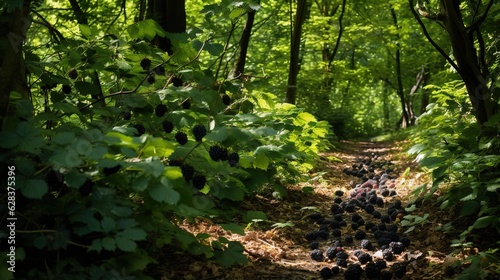  a path in the woods with lots of black berries on it. generative ai