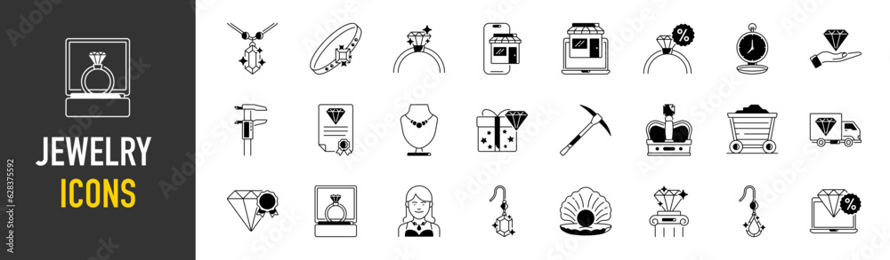Simple Set of Jewelry Related Vector Icons. Contains such Icons as Earrings, Mining, Engagement Ring, Gift, Diamond and more.