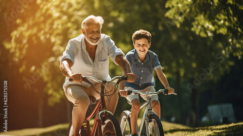 Grandfather teaching his grandson how to ride a bike. Grandson cycling bicycle with his funny senior man at the city park during summer vacations. Generative AI.