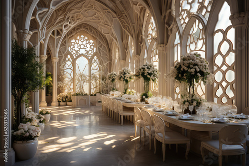Modern and stylish interior design of a wedding ballroom with a touch of luxury and prestige. Created with generative AI technology. © HEMINXYLAN