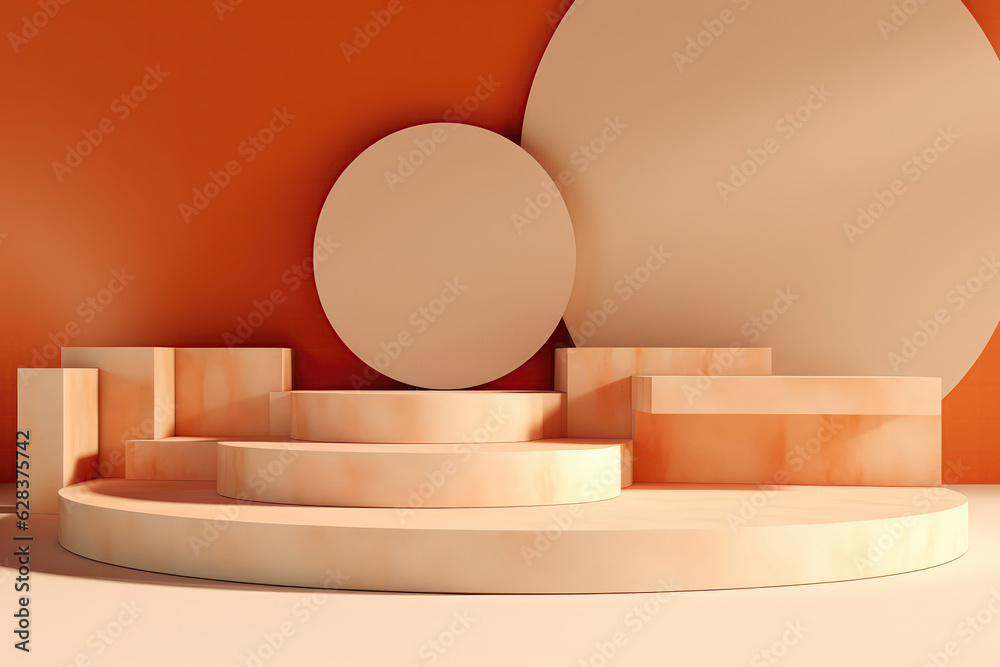 Abstract D Room With Cream, Beige, And Orange Pedestal Podiums Abstract D Room With Cream, Beige, And Orange Pedestal Podiums