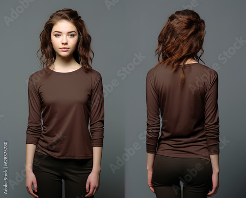 Woman wearing a brown T-shirt with long sleeves. Front and back view