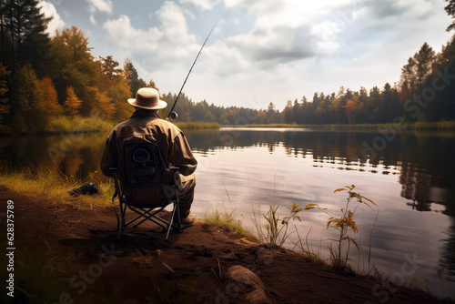 Fisherman Sits On Folding Chair With Fishing Rod Back View Of The River