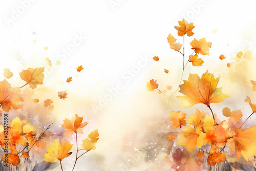 Watercolor autumn background with mushrooms  leaves and pumpkins. Illustration. ai generated 