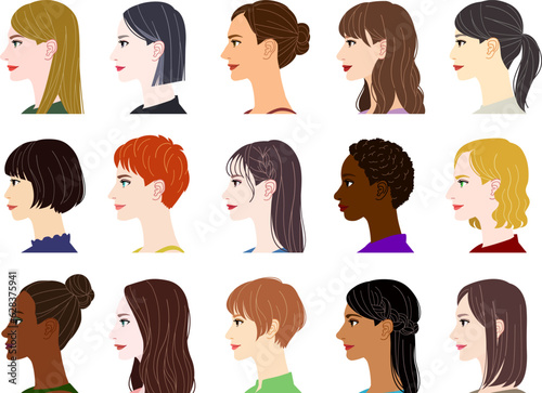 Set of faces. Profiles of women with various skin tones and hairstyles. Multiracial women.