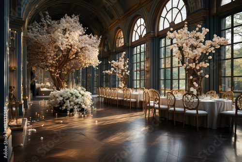 Modern and stylish interior design of a wedding ballroom with a touch of luxury and prestige. Created with generative AI technology.