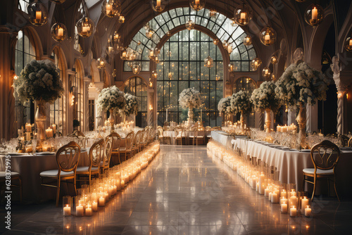 Modern and stylish interior design of a wedding ballroom with a touch of luxury and prestige. Created with generative AI technology. photo