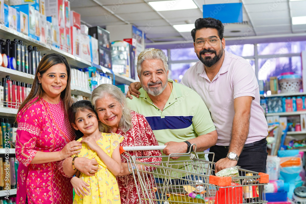 Indian family standing together at grocery shop