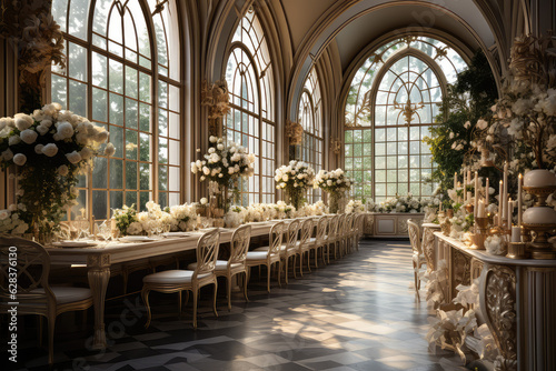 Modern and stylish interior design of a wedding ballroom with a touch of luxury and prestige. Created with generative AI technology.