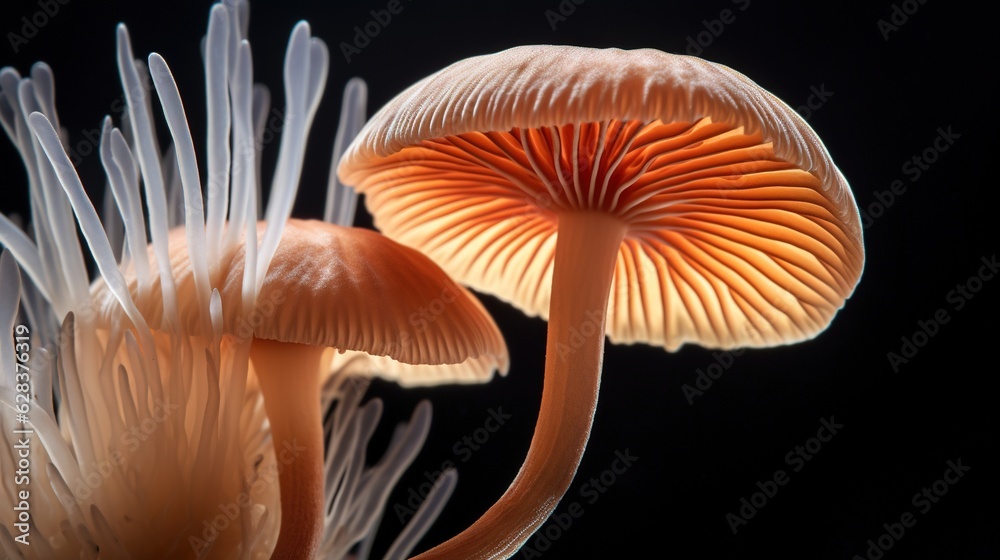 a close up of two mushrooms on a black background with a black background. generative ai a close up of two mushrooms on a black background with a black background. generative ai