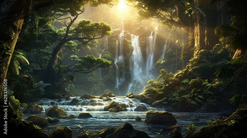  a painting of a waterfall in a forest with sun shining through the trees.  generative ai