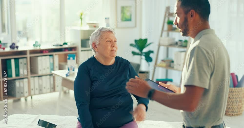 Physiotherapy, tablet and man with woman for consulting, medical care and wellness. Chiropractor with senior female patient on digital tech for physical therapy, rehabilitation and healthcare report Physiotherapy, tablet and man with woman for consulting, medical care and wellness. Chiropractor with senior female patient on digital tech for physical therapy, rehabilitation and healthcare report